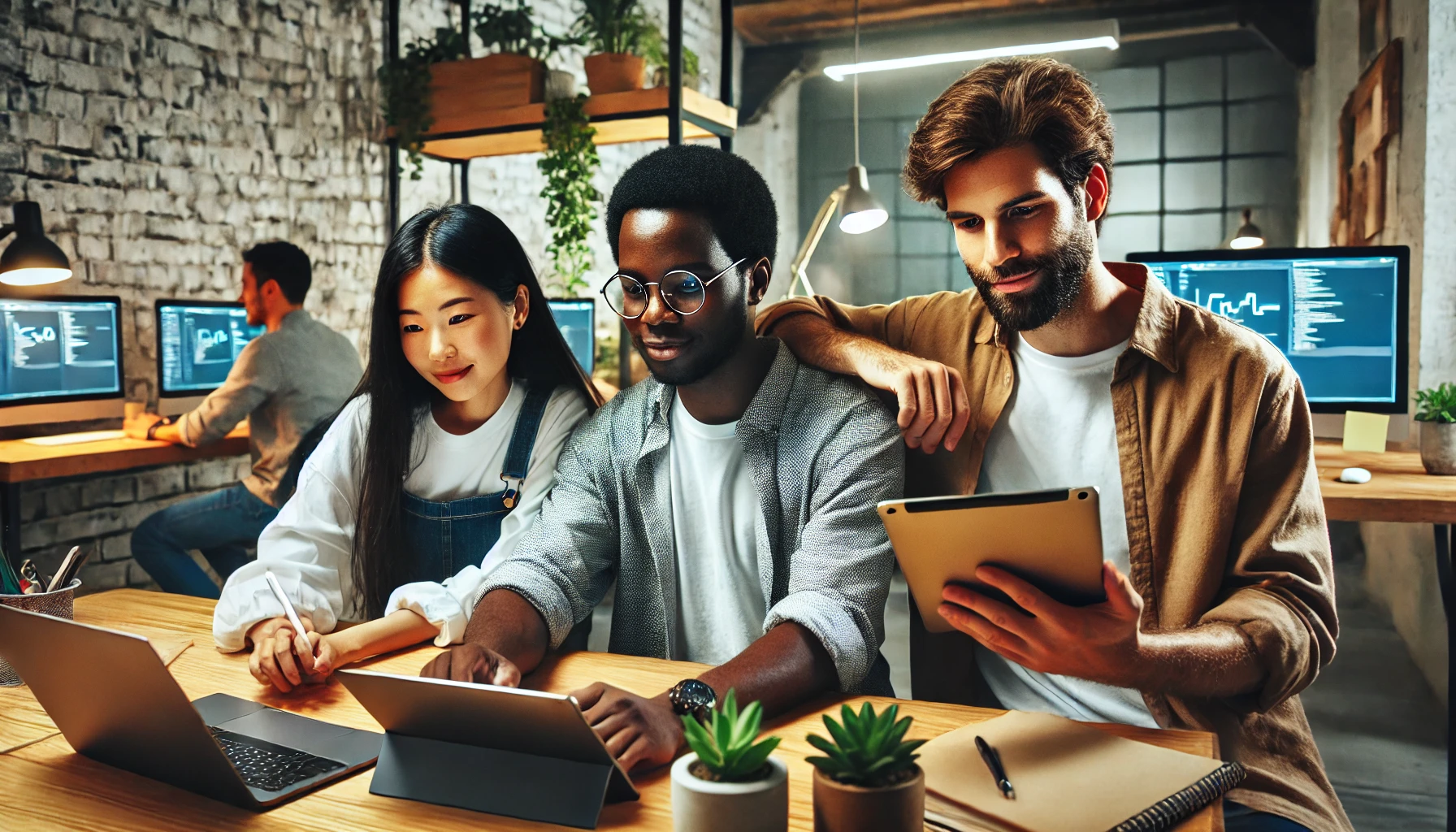 DALL·E 2024-11-28 13.27.47 - Uma equipe de três desenvolvedores de software de diferentes etnias trabalhando juntos em um ambiente de escritório moderno. Um homem afrodescendente .jpg